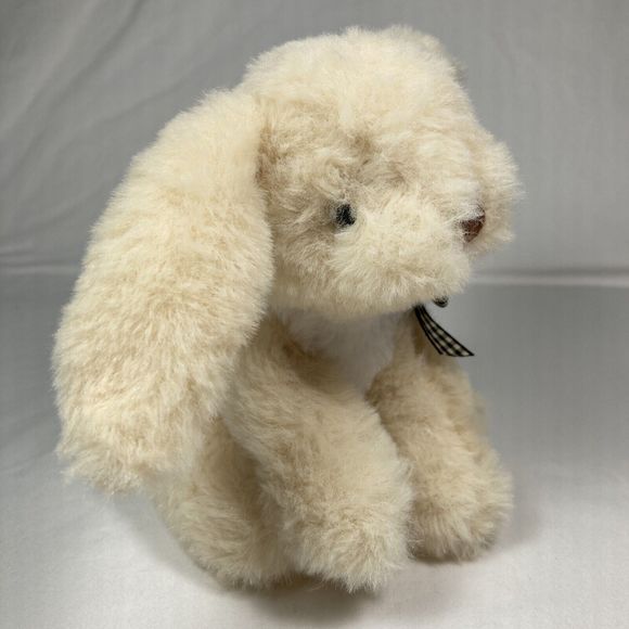 6" Cream Colored Baby Bunny Black and Cream Check Bow Stuffed Animal - Picture 2 of 12